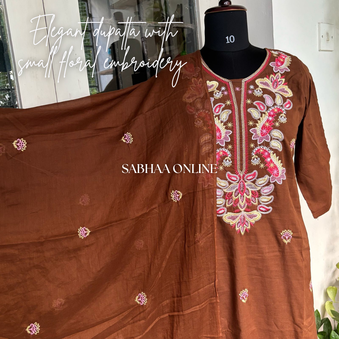 Shabnam - Brown Embroidery Cotton Kurti 3pc set