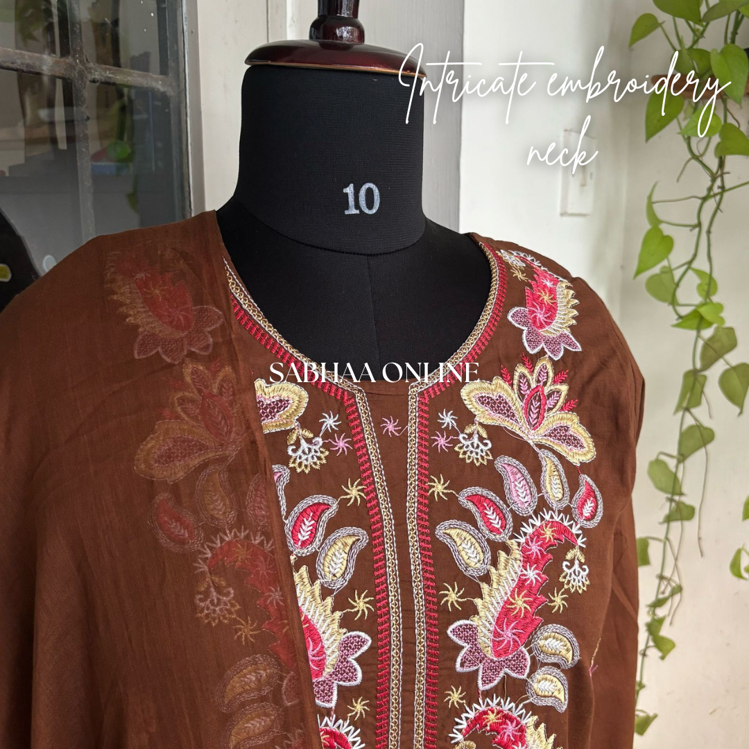 Shabnam - Brown Embroidery Cotton Kurti 3pc set