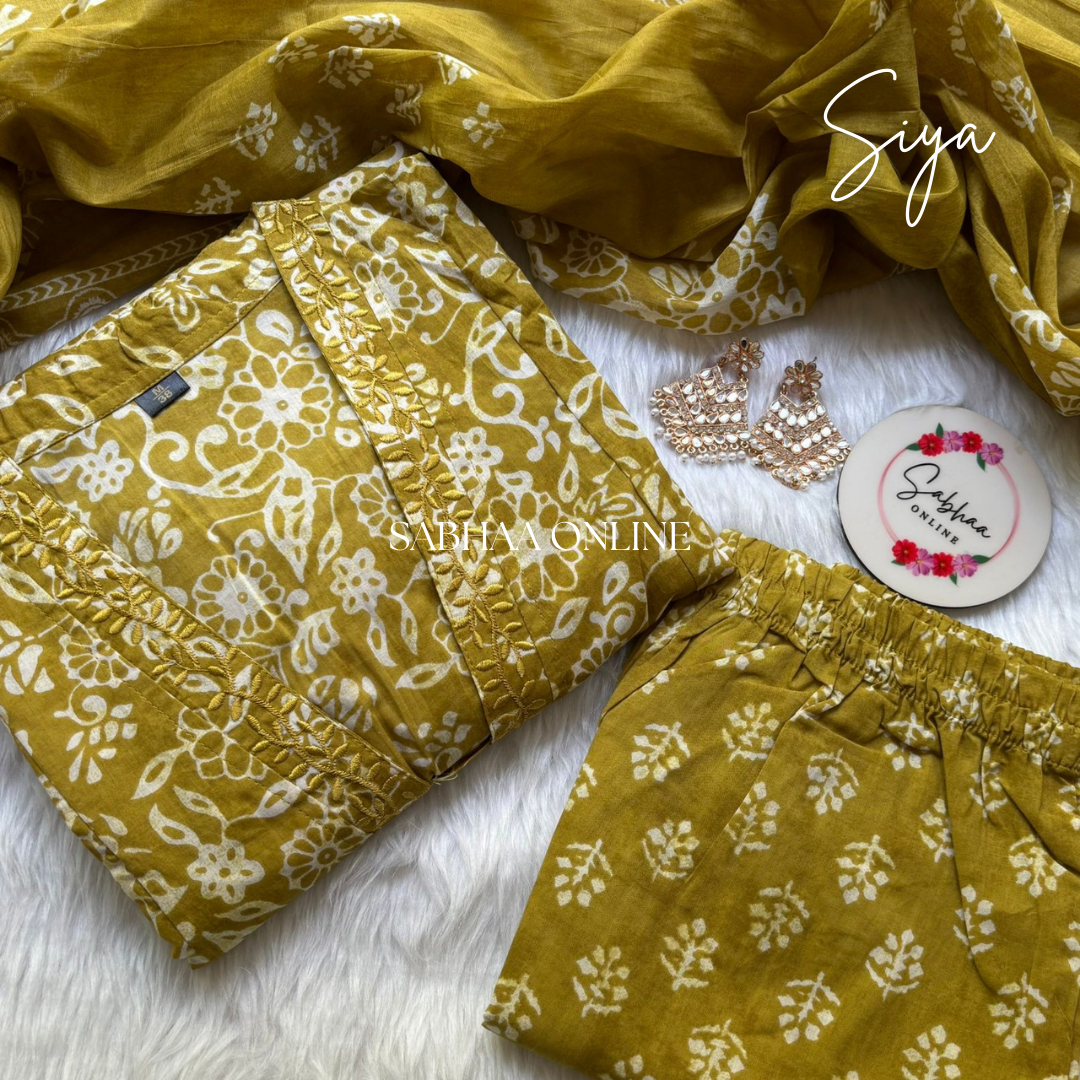 Siya - Lime green Cotton Aline kurti 3pc set