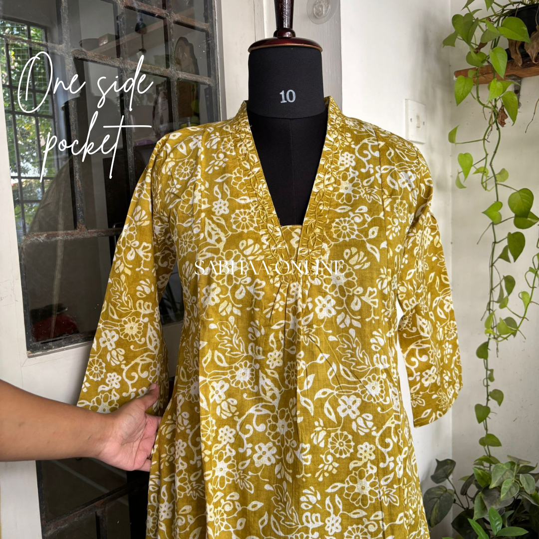 Siya - Lime green Cotton Aline kurti 3pc set