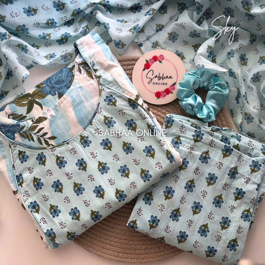 Sky - Blue and White floral Cotton kurti 3pc set with lining - LN 18