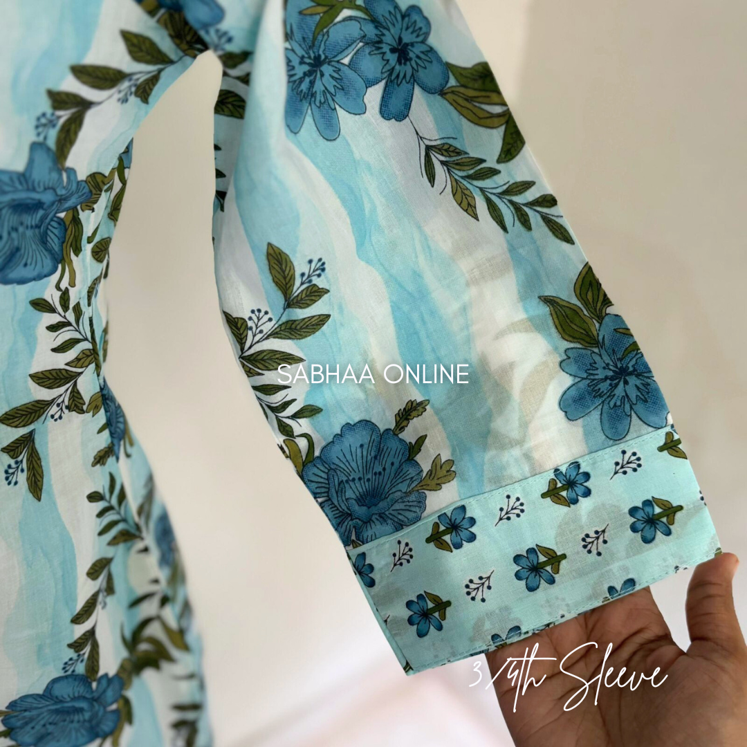 Sky - Blue and White floral Cotton kurti 3pc set with lining - LN 18