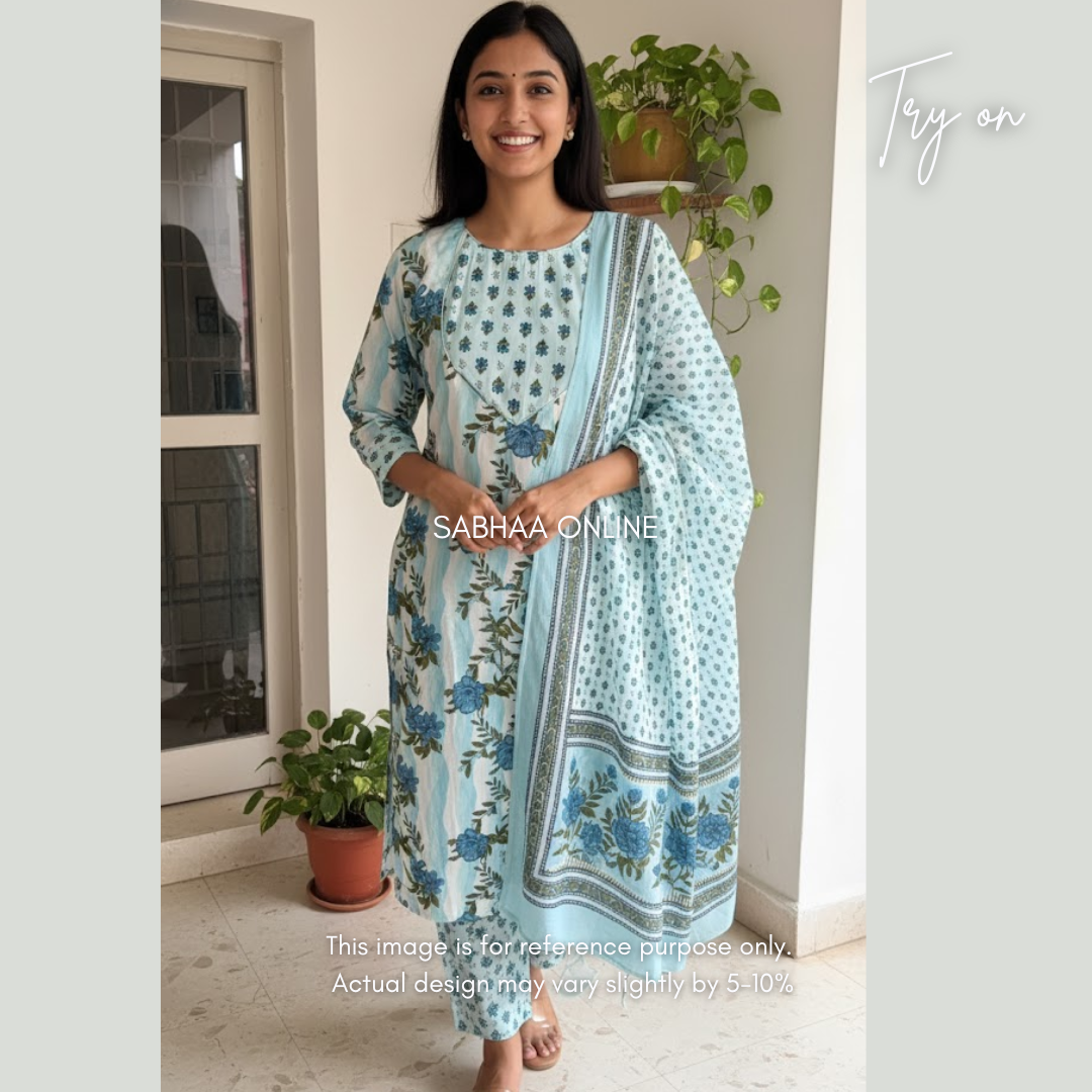 Sky - Blue and White floral Cotton kurti 3pc set with lining - LN 18