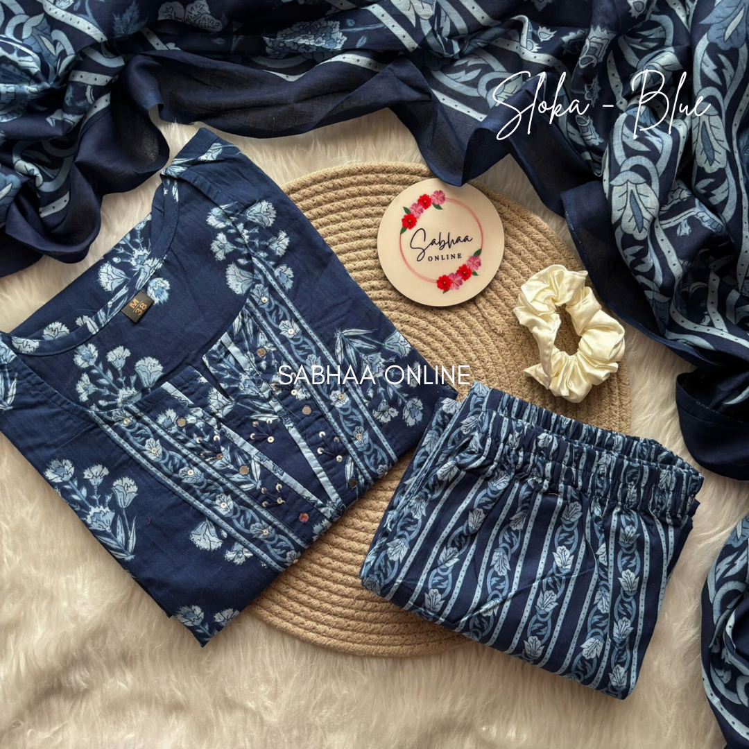 Sloka - Navy Blue Cotton Kurti 3pc set