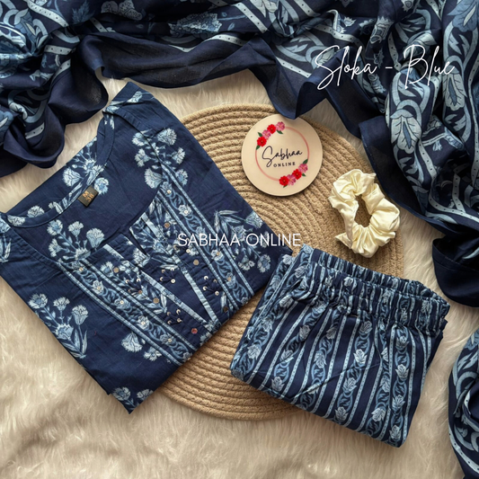 Sloka - Navy Blue Cotton Kurti 3pc set