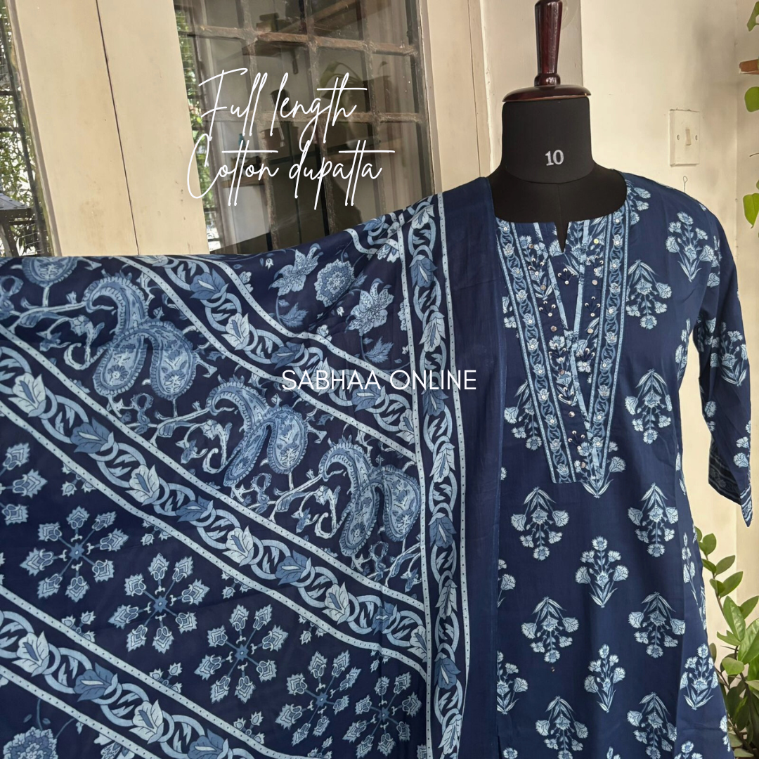 Sloka - Navy Blue Cotton Kurti 3pc set