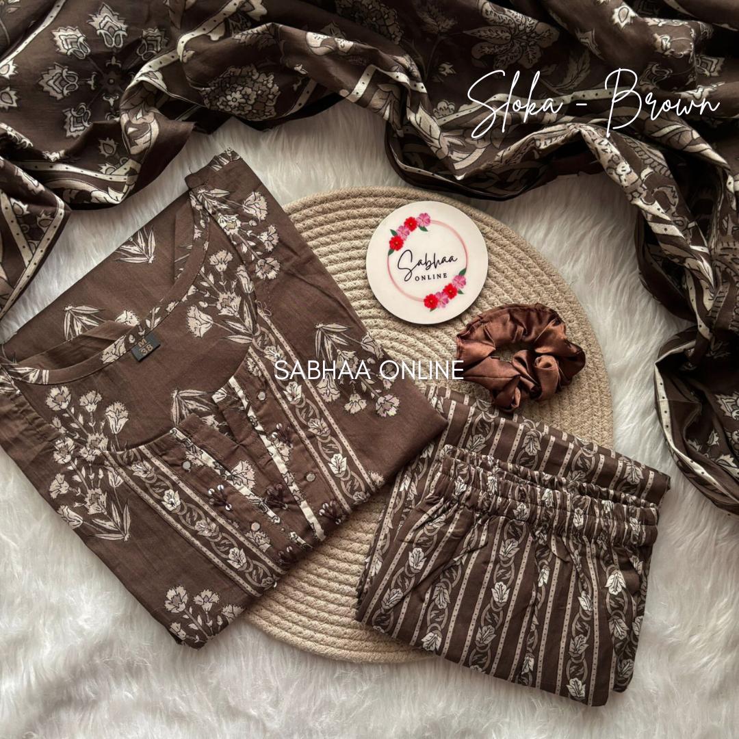 Sloka - Bistre Brown Cotton Kurti 3pc set
