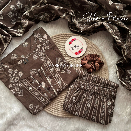 Sloka - Bistre Brown Cotton Kurti 3pc set