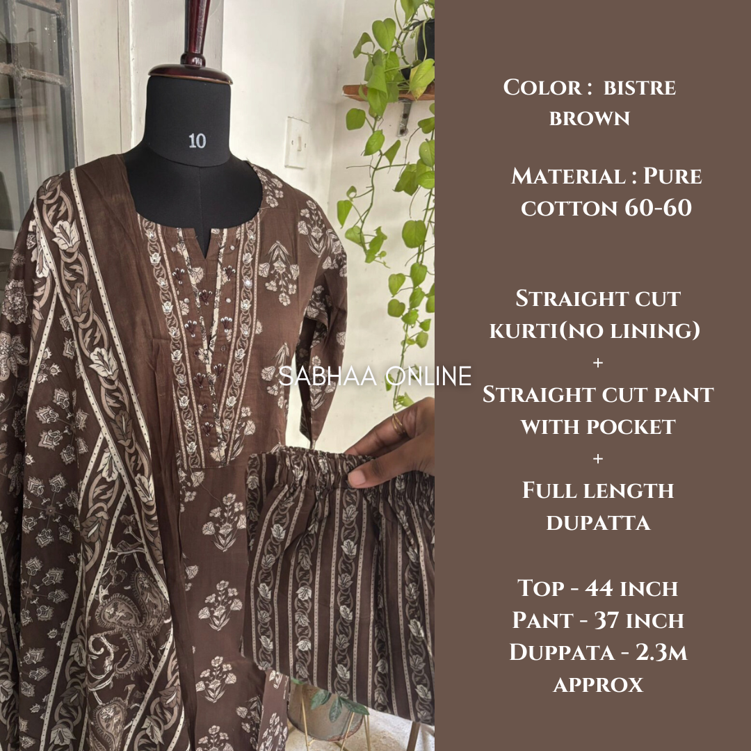 Sloka - Bistre Brown Cotton Kurti 3pc set