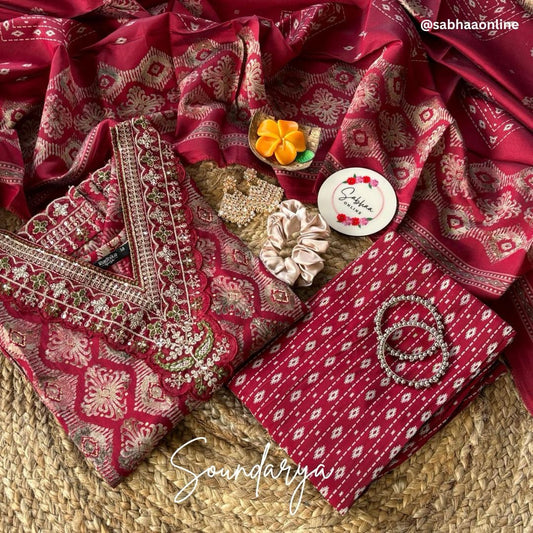 Soundarya - Chilli Red Chanderi Festive Kurti 3pc set