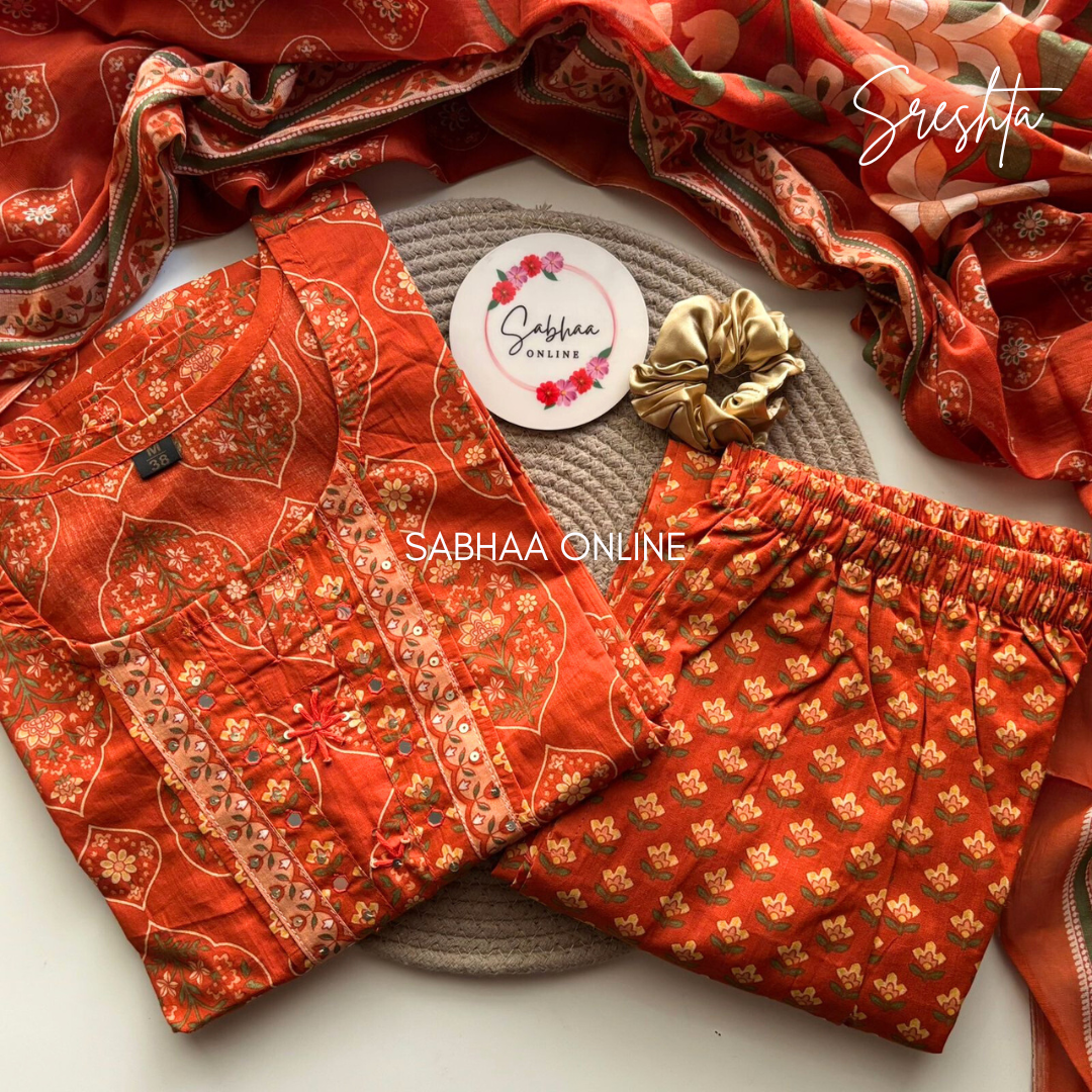 Sreshta - Orange Cotton kurti 3pc set