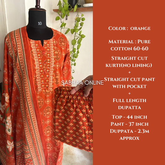 Sreshta - Orange Cotton kurti 3pc set