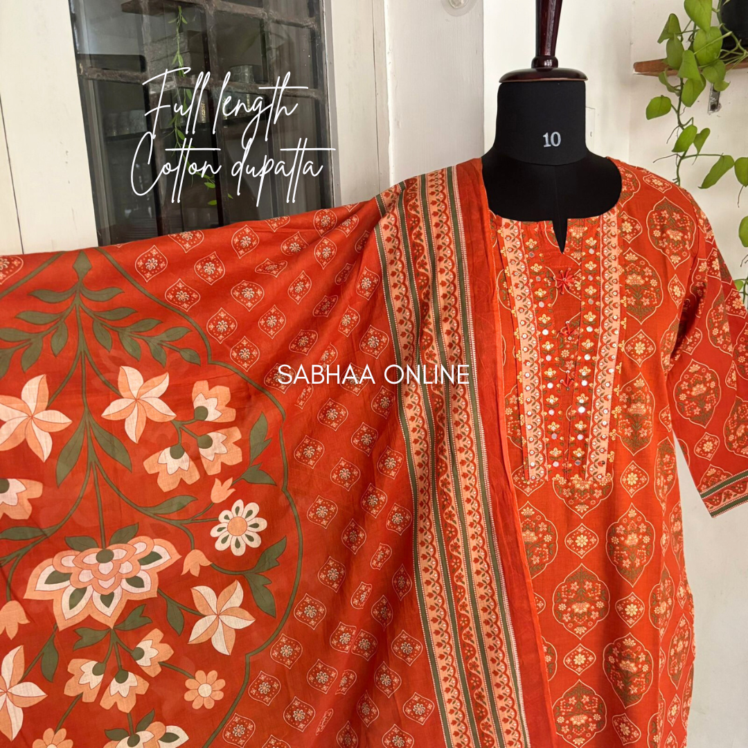 Sreshta - Orange Cotton kurti 3pc set