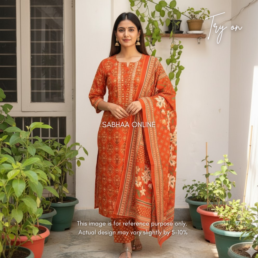 Sreshta - Orange Cotton kurti 3pc set
