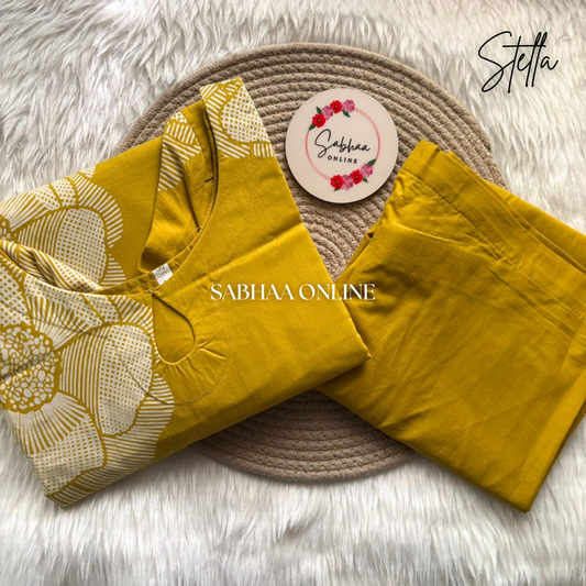 Stella - Yellow Cotton Kurti Pant set with lining (Size M only)
