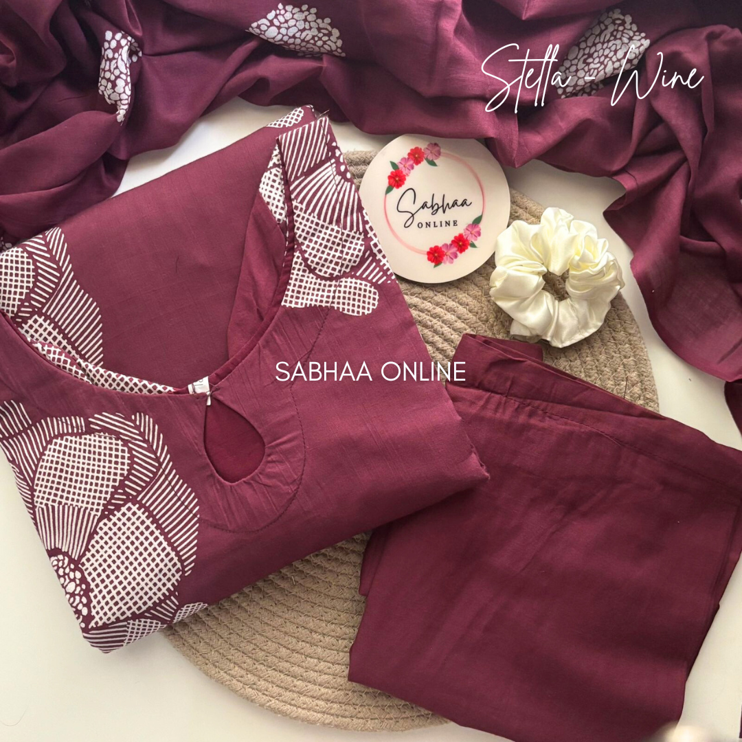 Stella - Wine Cotton kurti 3pc set with lining - LN 18