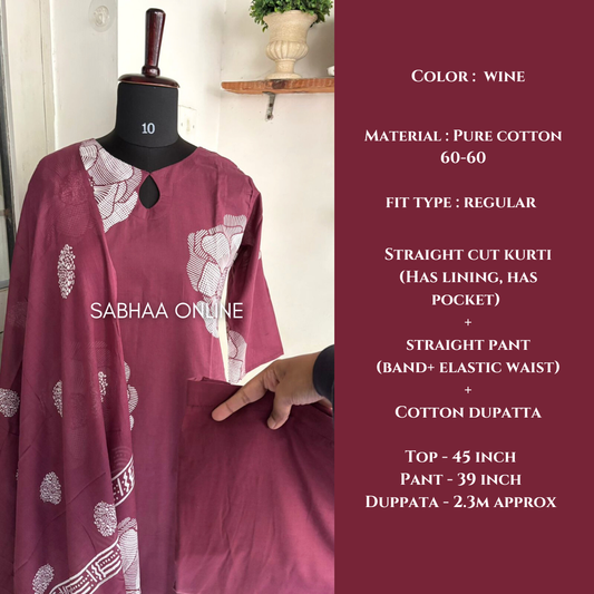 Stella - Wine Cotton kurti 3pc set with lining - LN 18