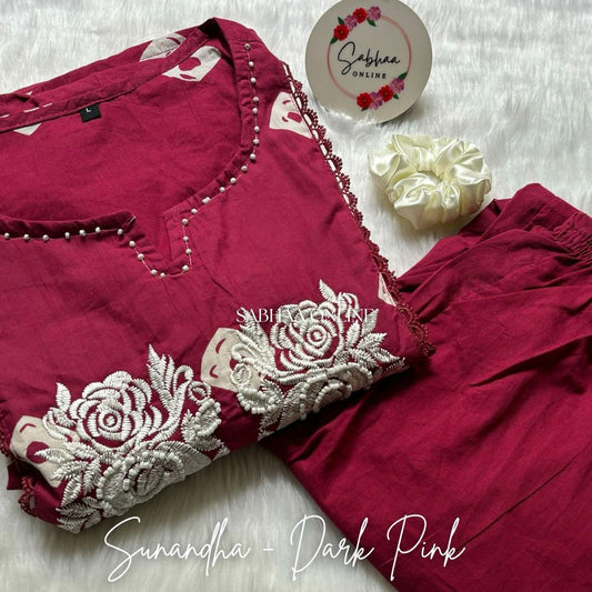 Sunandha - Dark Pink Cotton kurti pant set