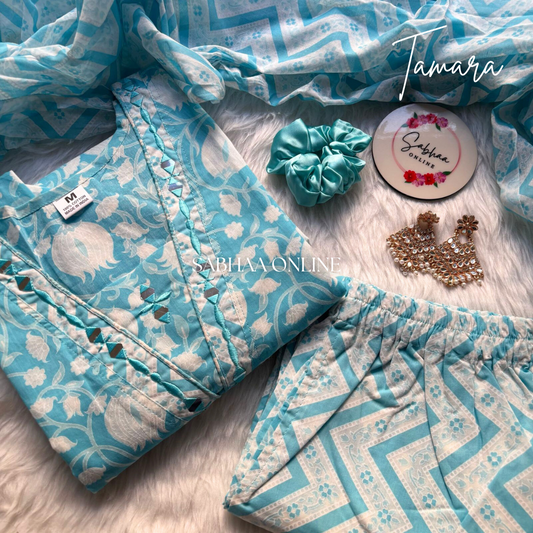 Tamara - Light Blue Cotton kurti 3pc set