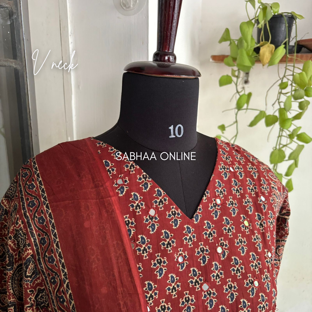 Theja - Brick red Ajrakh Cotton kurti 3pc set with lining