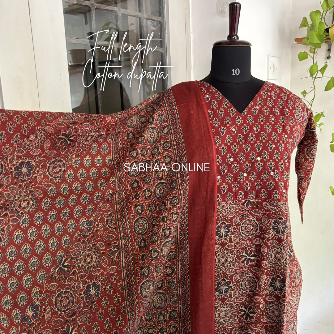 Theja - Brick red Ajrakh Cotton kurti 3pc set with lining
