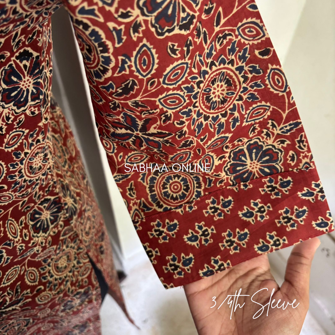 Theja - Brick red Ajrakh Cotton kurti 3pc set with lining