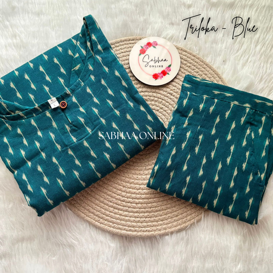 Triloka - Peacock Blue Ikkat Cotton kurti pant set (with lining)