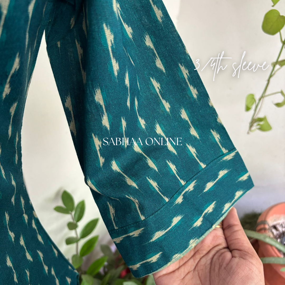 Triloka - Peacock Blue Ikkat Cotton kurti pant set (with lining)