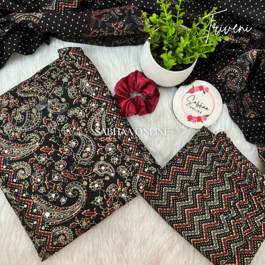 Triveni - Black Kalamkari Cotton Kurti 3pc set