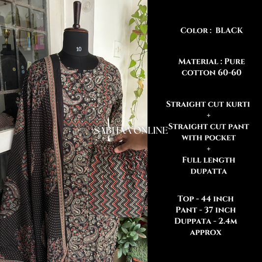 Triveni - Black Kalamkari Cotton Kurti 3pc set