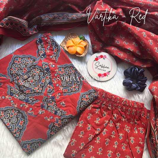 Vartika - Red Cotton Kurti 3pc set