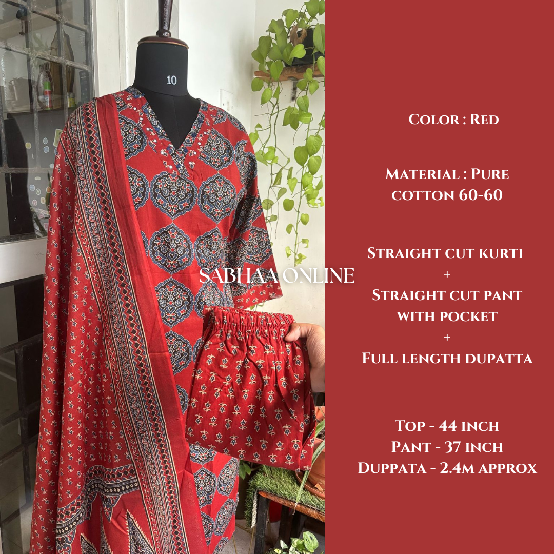 Vartika - Red Cotton Kurti 3pc set