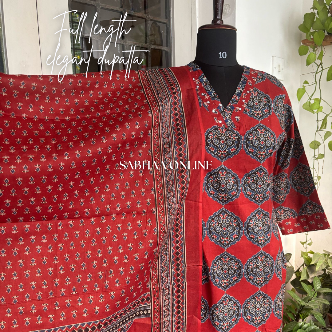 Vartika - Red Cotton Kurti 3pc set