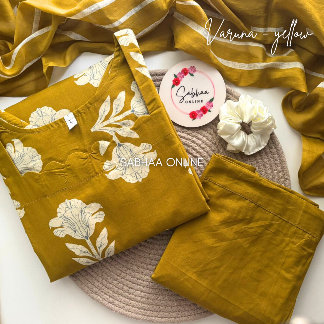 Varuna - Yellow Cotton kurti 3pc set with lining (Relaxed fit) - LN 18