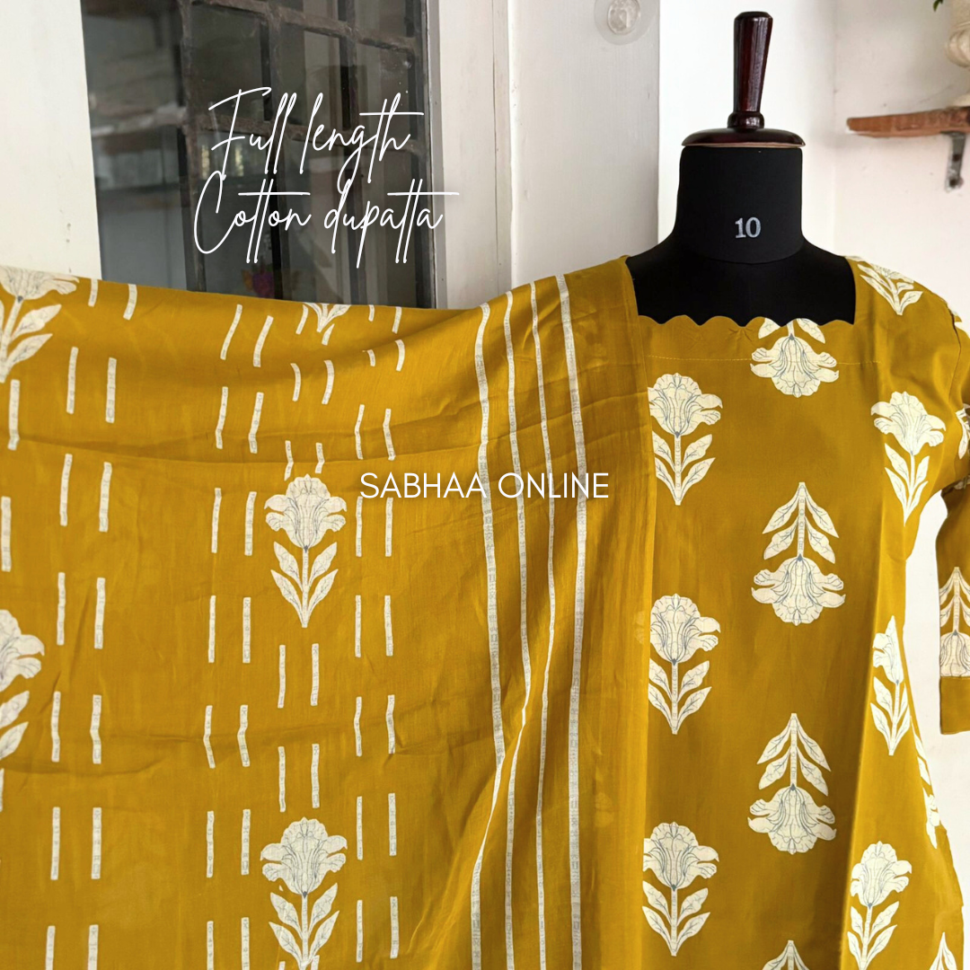 Varuna - Yellow Cotton kurti 3pc set with lining (Relaxed fit) - LN 18