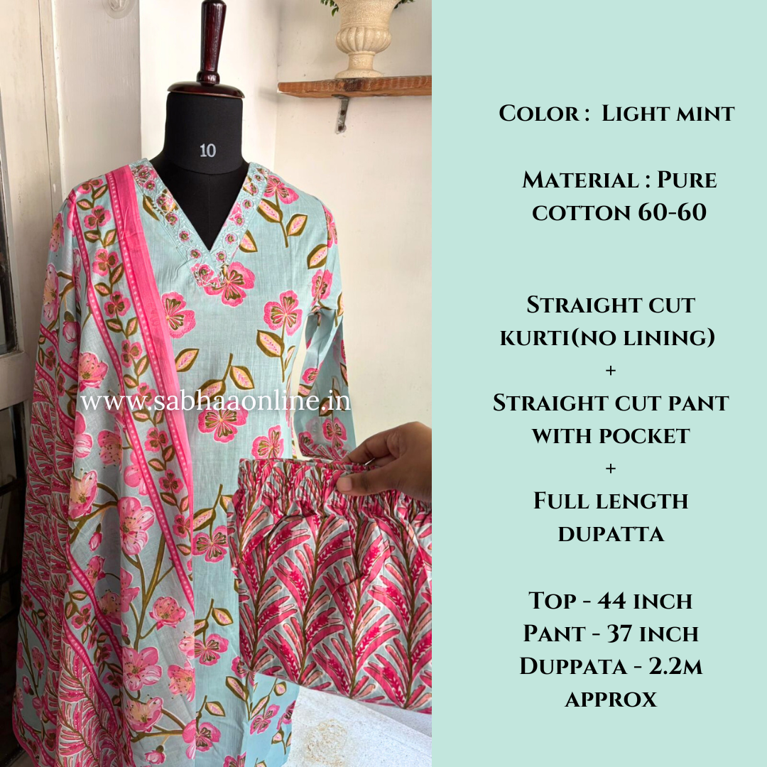 Sadha - Light Mint Cotton Kurti 3pc set - LN 19