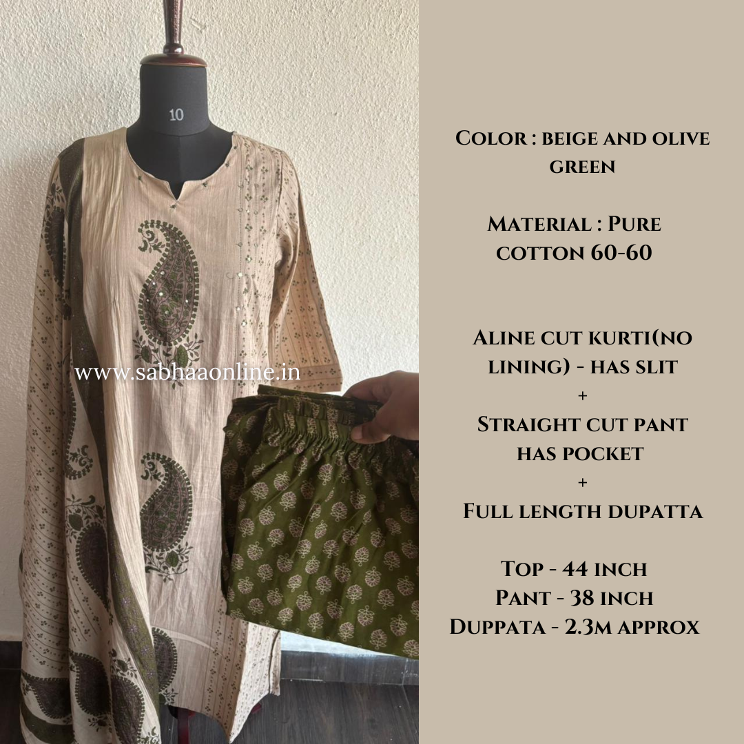 Sashi - Olive green Aline Cotton kurti 3pc set - LN 53