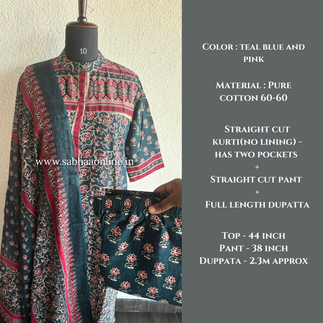 Smiti - Teal blue and Pink Cotton kurti 3pc set - LN 53