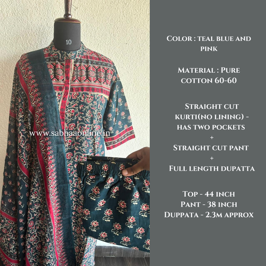 Smiti - Teal blue and Pink Cotton kurti 3pc set - LN 53