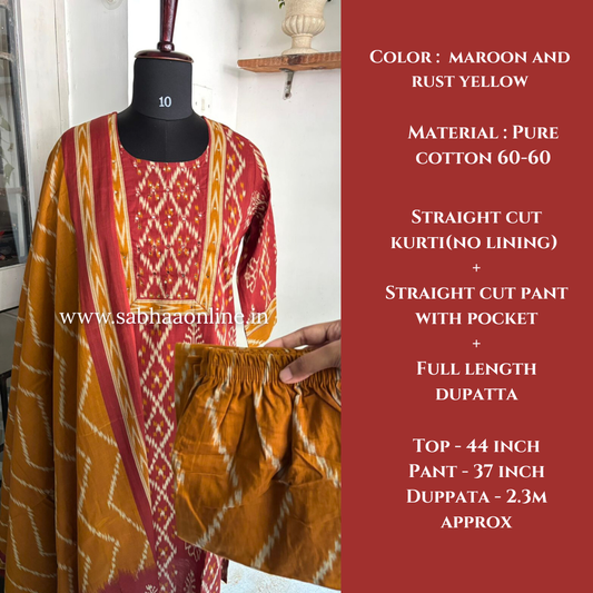 Agni - Maroon and Rust yellow Ikkat Cotton Kurti 3pc set - LN 19