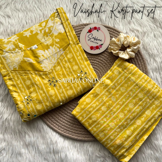 Vaishali - Yellow Cotton Kurti pant set with lining (Only in Size XL 42)
