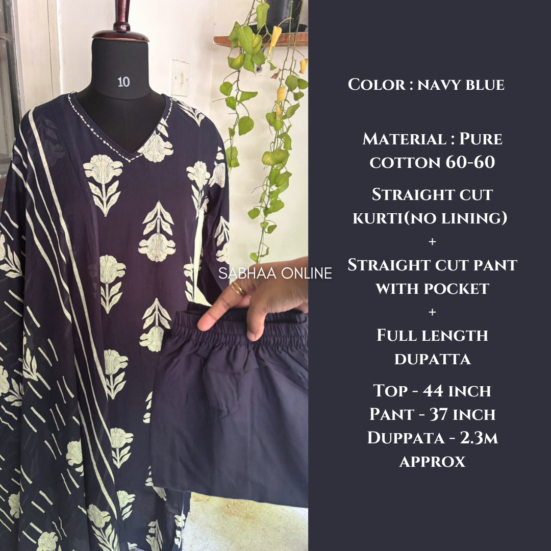 Varuna - Navy Blue Cotton kurti 3pc set - LN 15