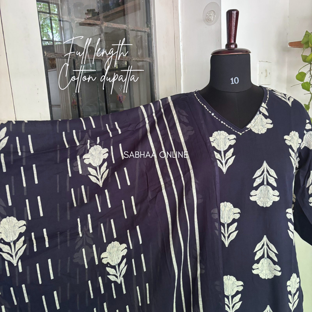 Varuna - Navy Blue Cotton kurti 3pc set - LN 15