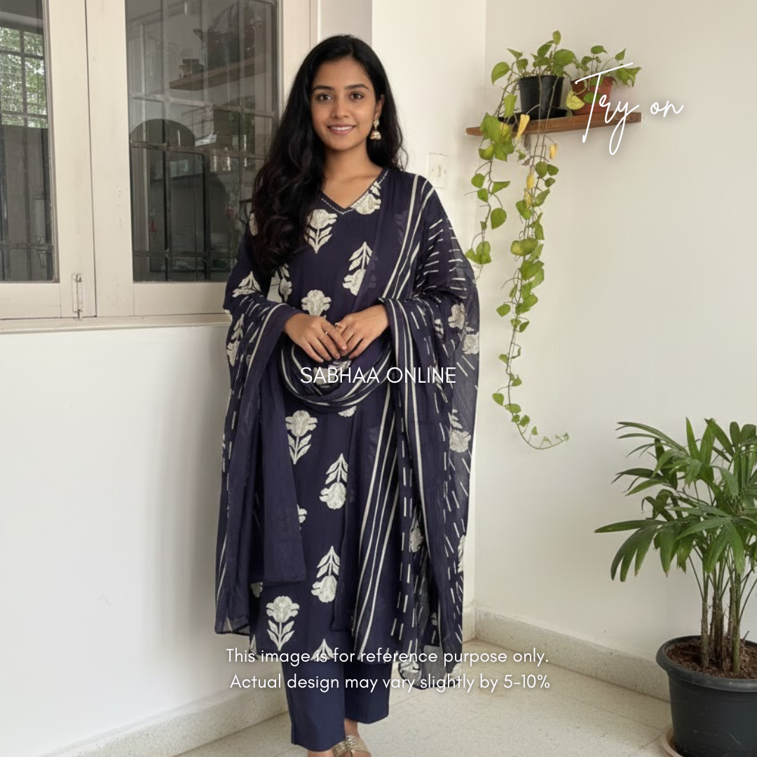 Varuna - Navy Blue Cotton kurti 3pc set - LN 15