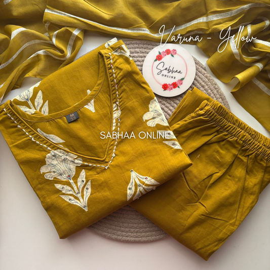 Varuna - Mustard Yellow Cotton Kurti 3pc set - LN 19
