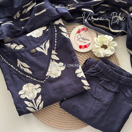 Varuna - Navy Blue Cotton kurti 3pc set - LN 15