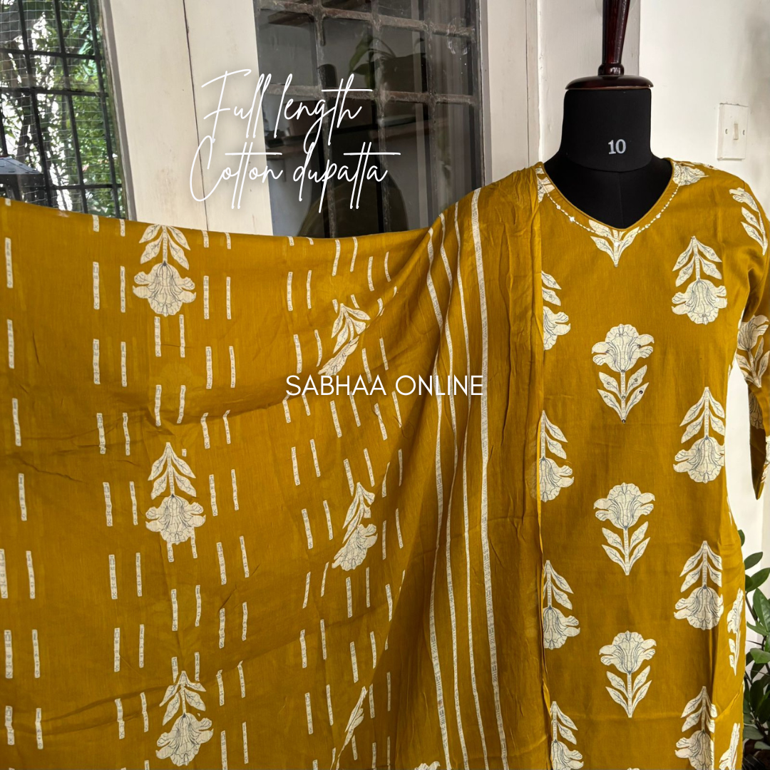 Varuna - Mustard Yellow Cotton Kurti 3pc set - LN 19