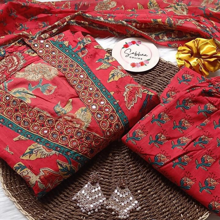 Taanvi - Scarlet Red Cotton Anarkali kurti 3pc set