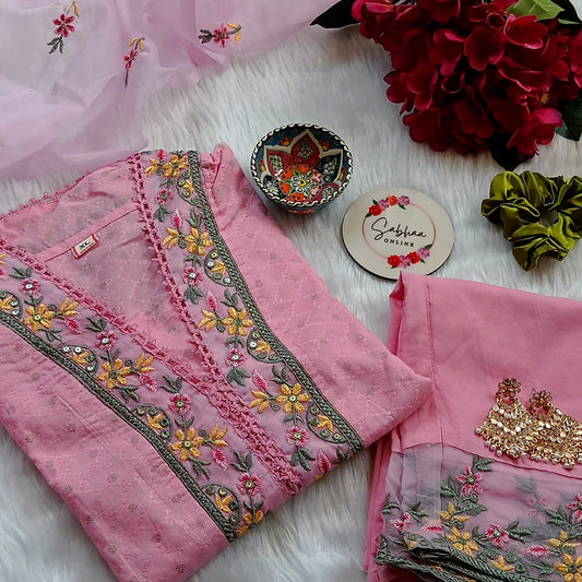 Flora - Flamingo Pink Premium Cotton Kurti 3pc set