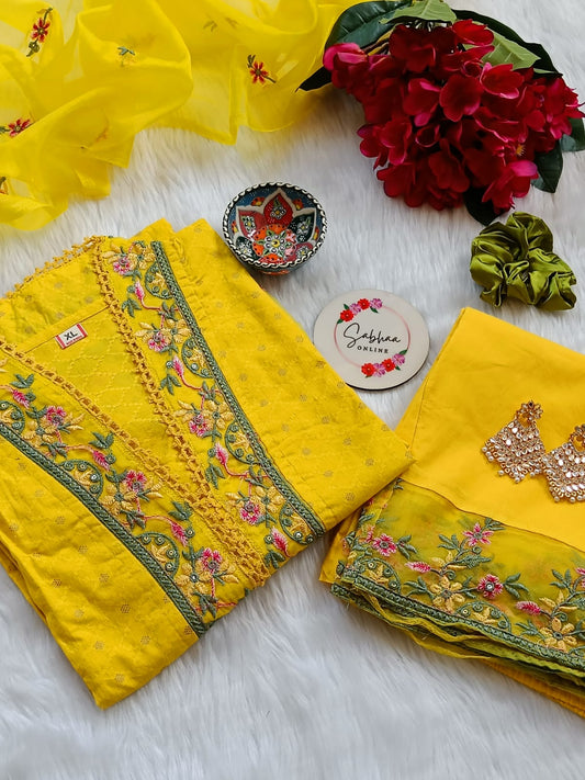 Sakshi - Yellow Premium Cotton Kurti 3pc set